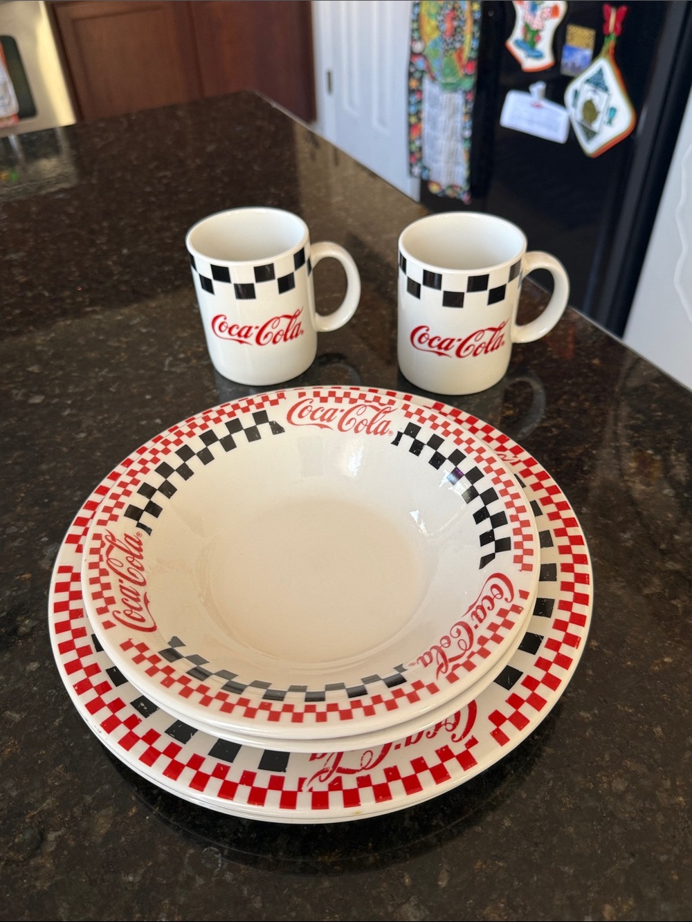Vintage Coca Cola Red, Black & White Checkerboard Dinnerware Set - 6 Pieces